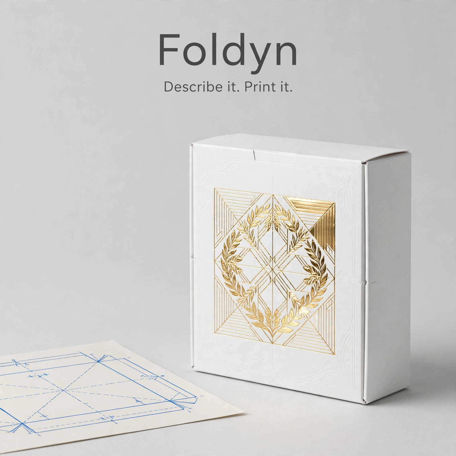 White packaging box with gold foil emblem beside a blue-line die-line drawing
